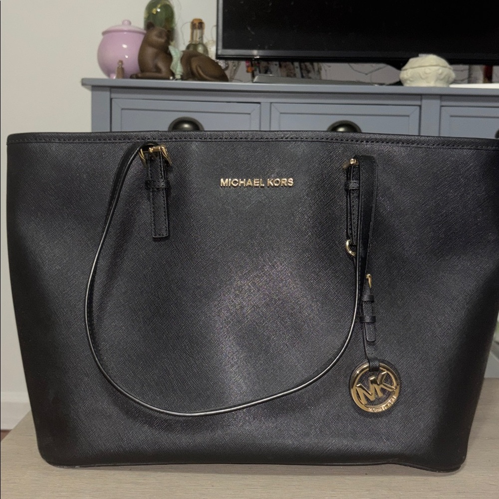 Michael Kors Black Leather Tote with Gold Details